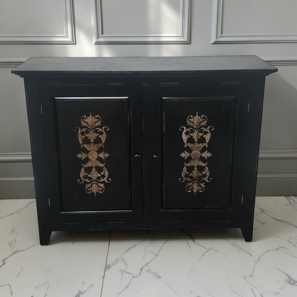 7886 Distresse Black Stenciled 2 Door Accent #Cabinet Used ~ FURNITURE