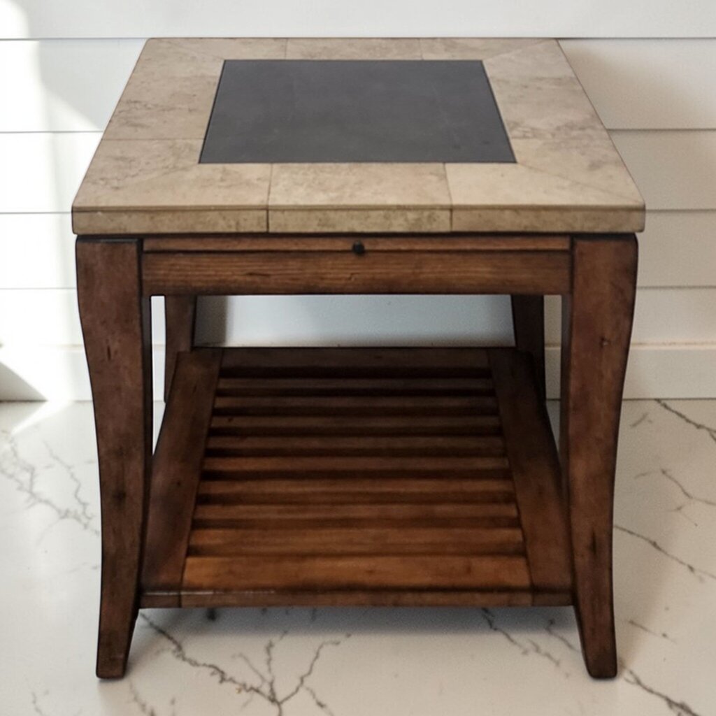 7897 Tile Top Square Side Table with Pullout Tray ~ FURNITURE