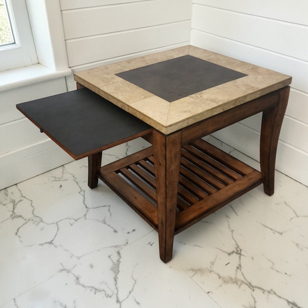7897 Tile Top Square Side Table with Pullout Tray ~ FURNITURE