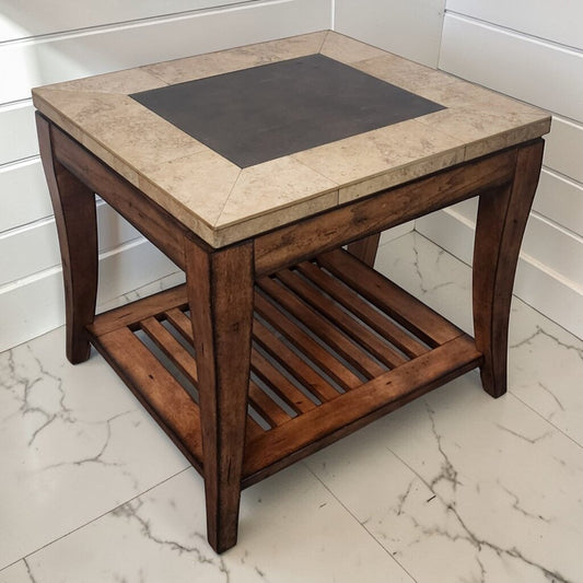 7897 Tile Top Square Side Table with Pullout Tray Used ~ FURNITURE
