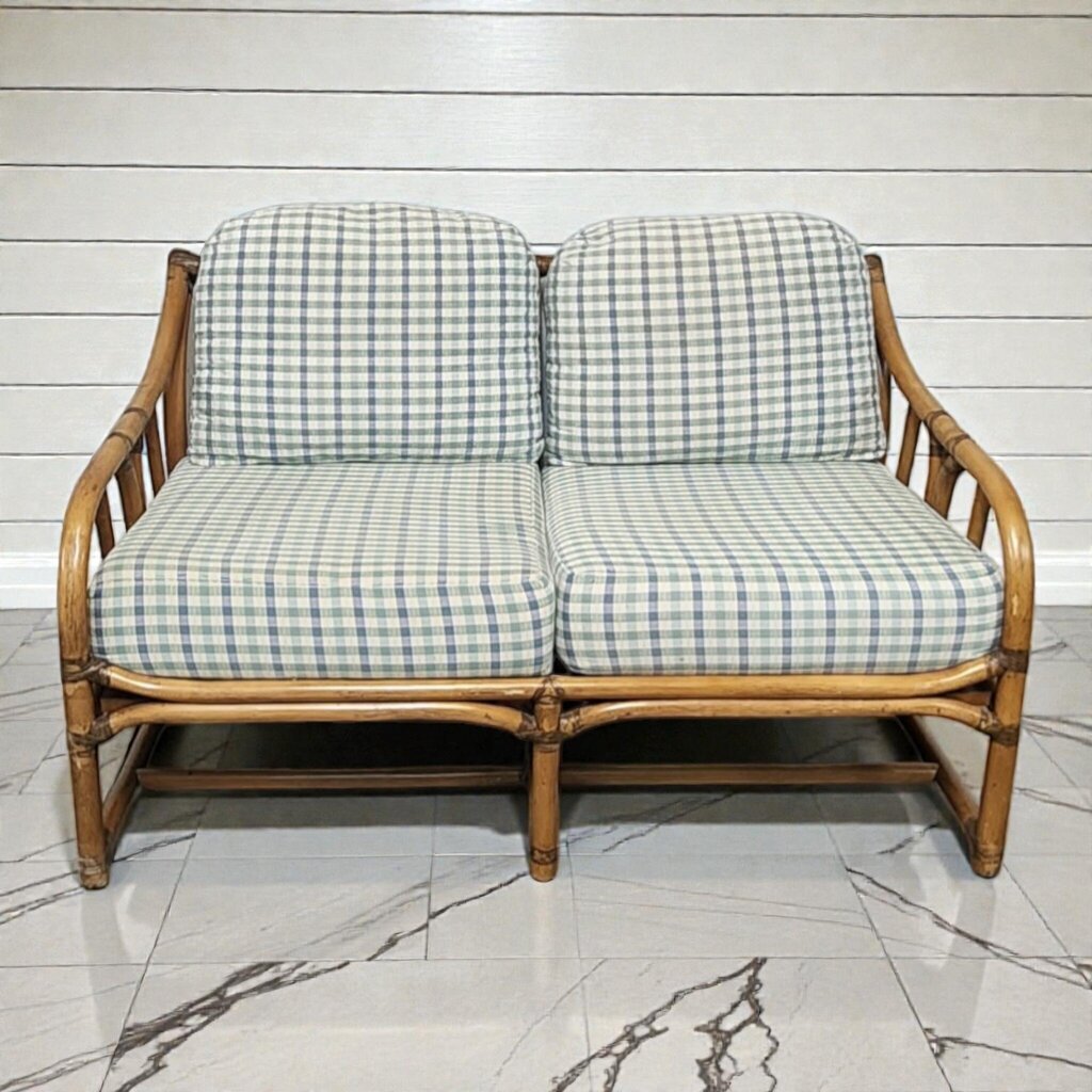 Vintage Mid-Century Rattan and Bamboo Plaid #Loveseat