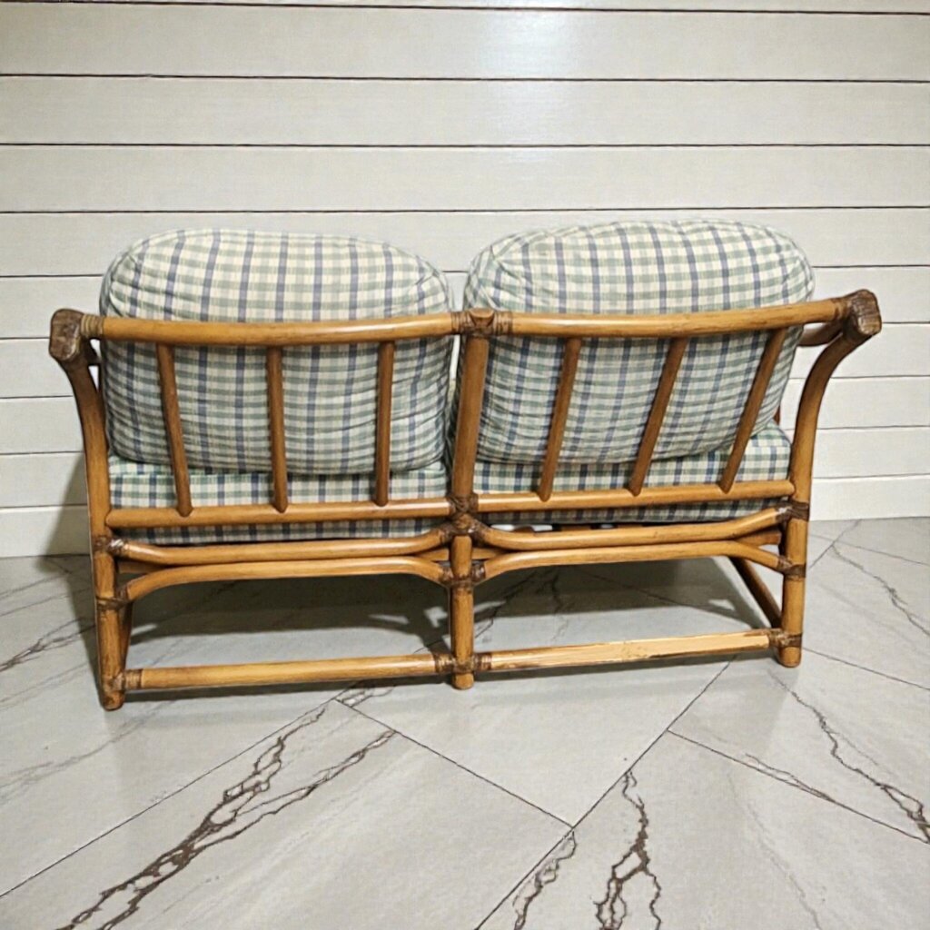 Vintage Mid-Century Rattan and Bamboo Plaid #Loveseat