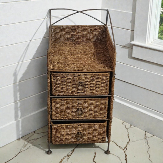 7942 Natural Seagrass and Iron 3-Drawer Storage Tower