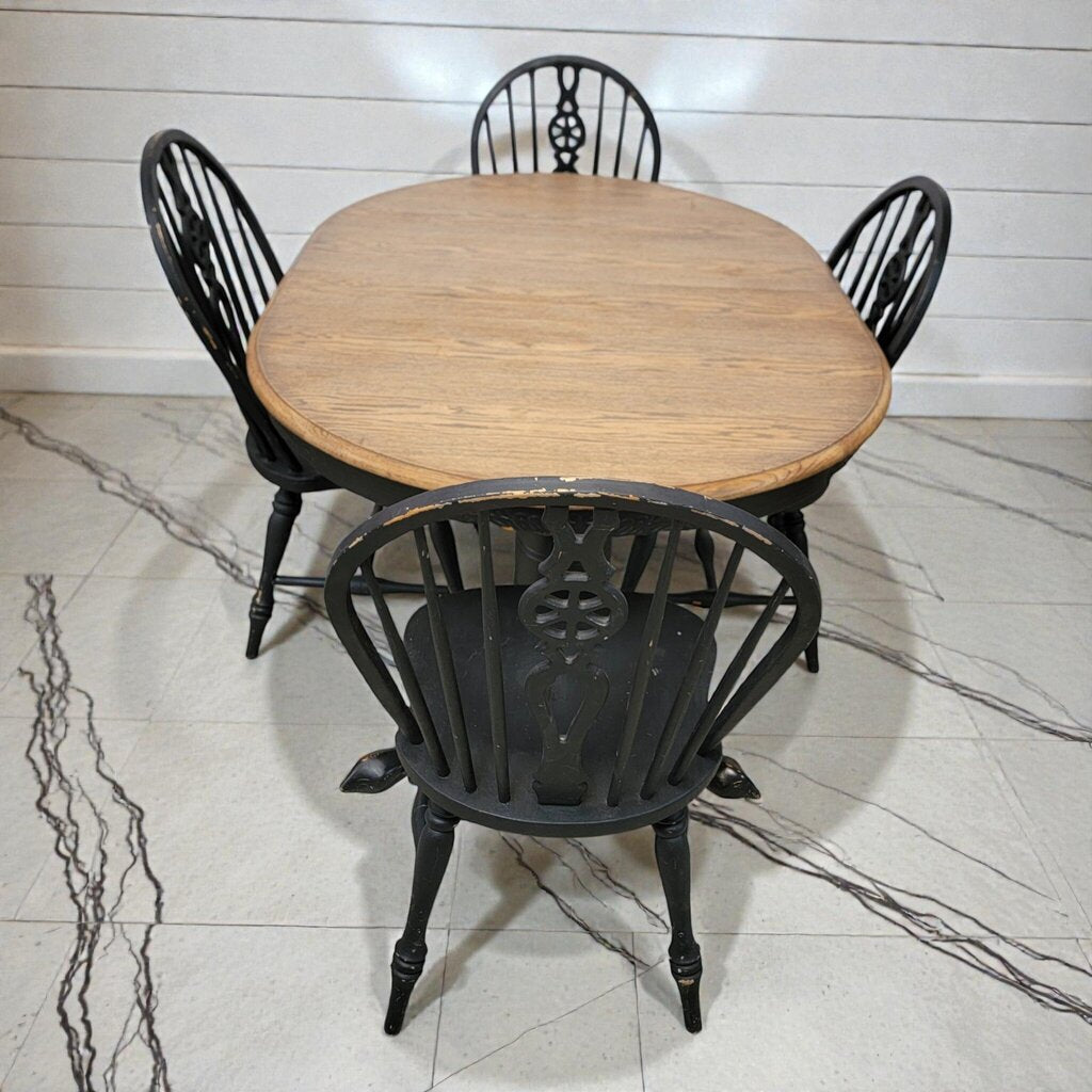 7949 Farmhouse Oak Trestle Table with 4 Windsor Chairs