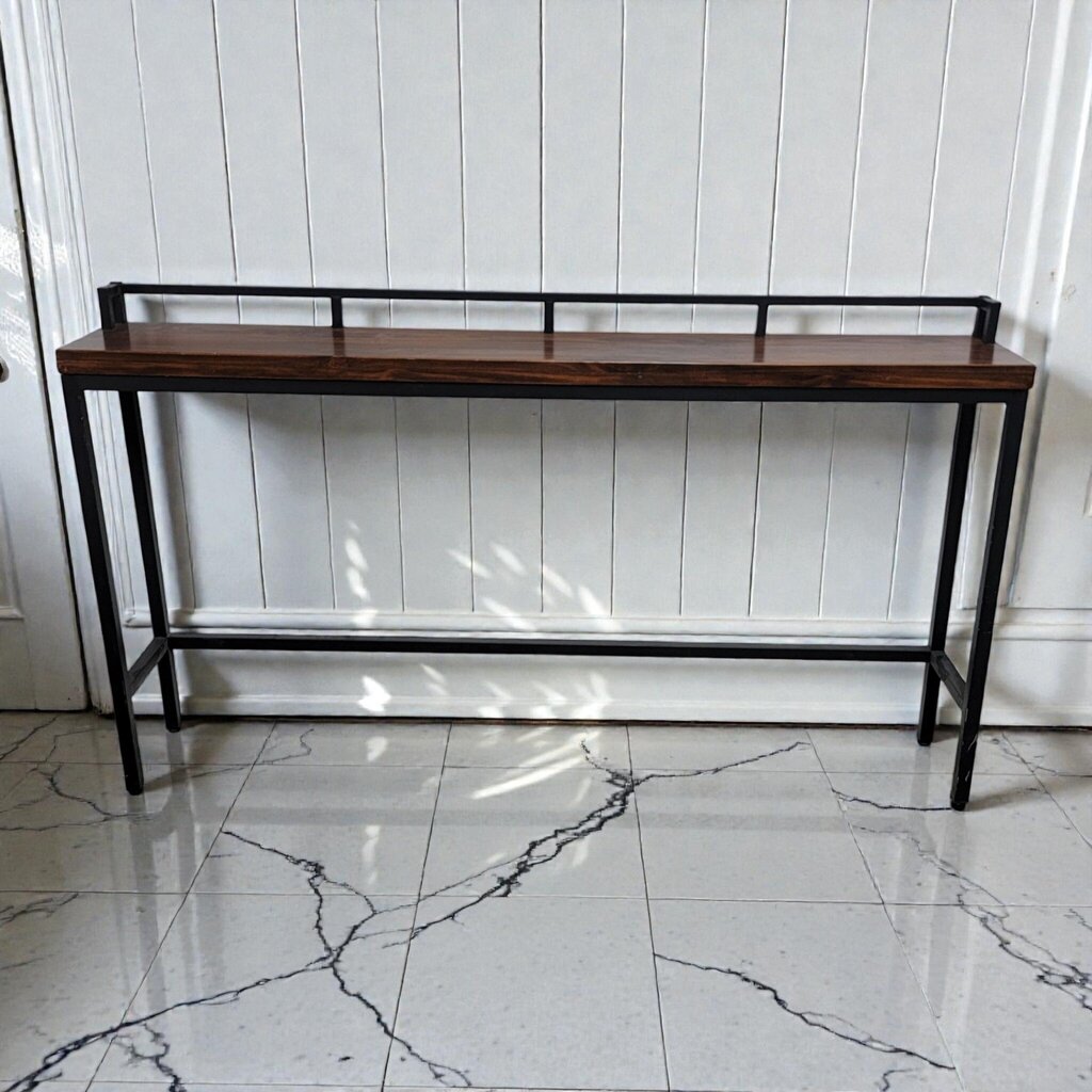 7963 Industrial Wood and Metal Console Table with Gallery Rail