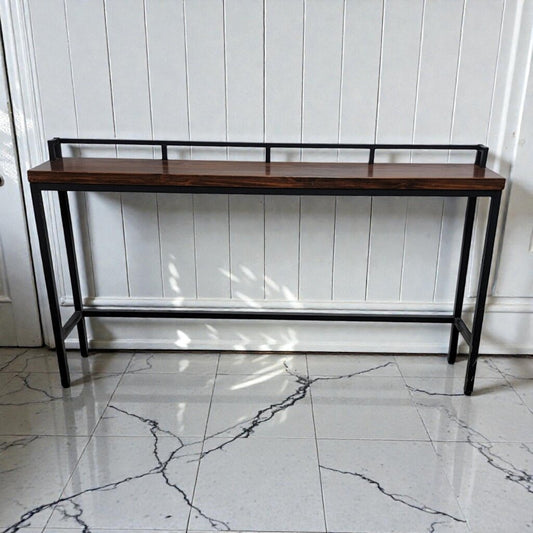 7963 Industrial Wood and Metal Console Table with Gallery Rail Used ~ FURNITURE