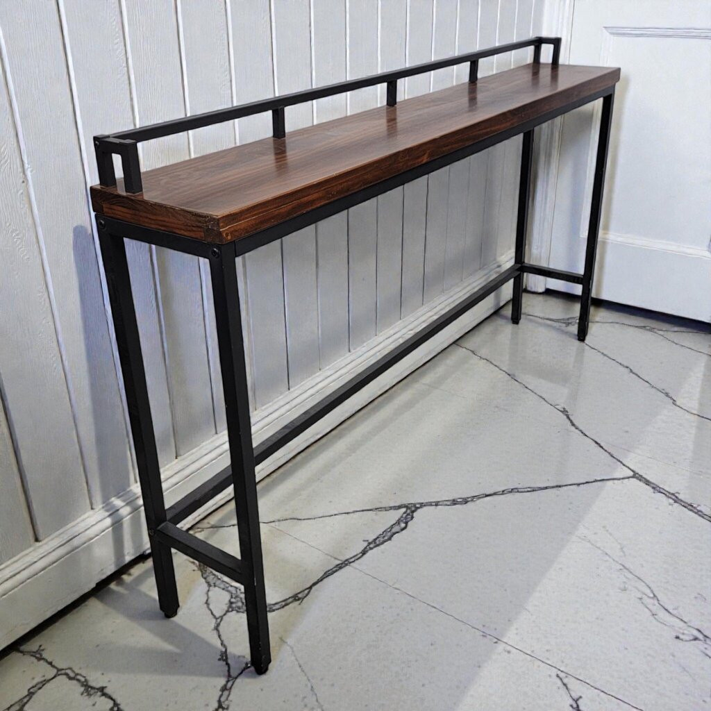 7963 Industrial Wood and Metal Console Table with Gallery Rail ~ FURNITURE