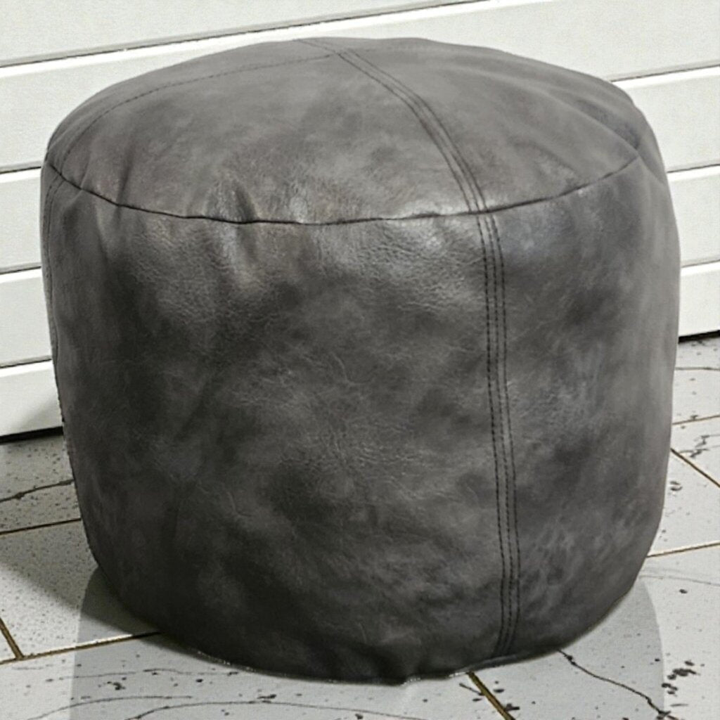 7990 Distressed Charcoal Faux-Leather Round #Pouf