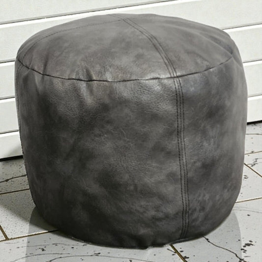 7990 Distressed Charcoal Faux-Leather Round #Pouf