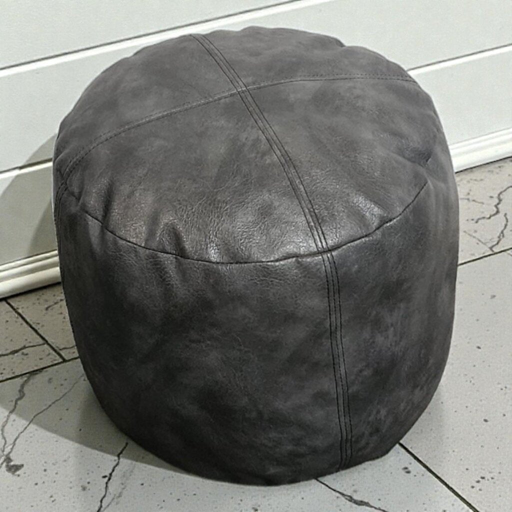 7990 Distressed Charcoal Faux-Leather Round #Pouf ~ FURNITURE