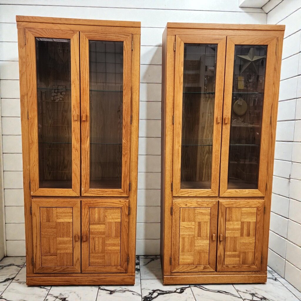 8014-8015 Vintage Oak Basketweave #Bookcase with Glass Doors Used ~ FURNITURE