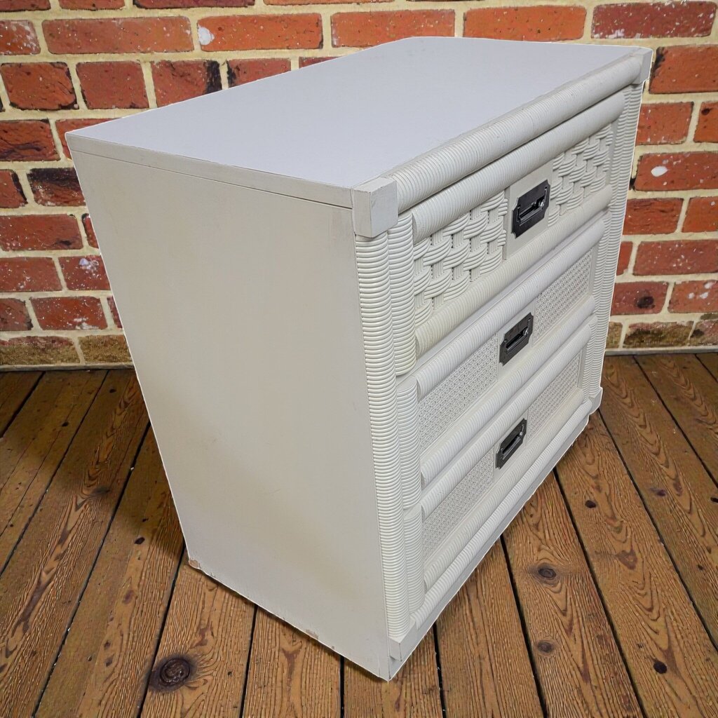 8034 Vintage White Pencil Reed and Wicker 3-Drawer Chest