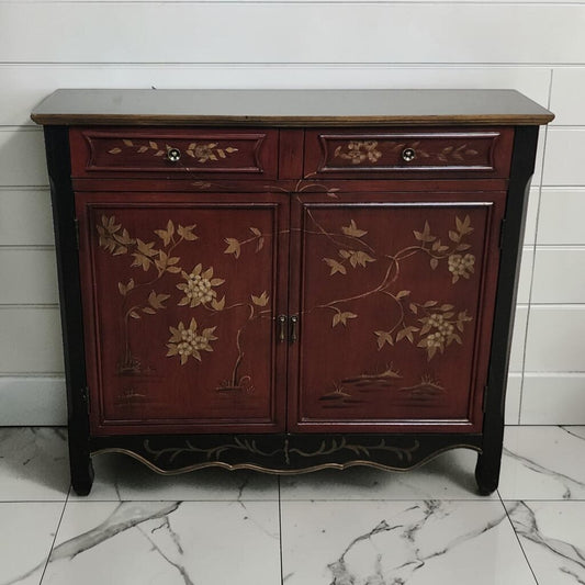 8112 Hand Painted Chinoiserie Style Red and Black Accent #Table Cabinet
