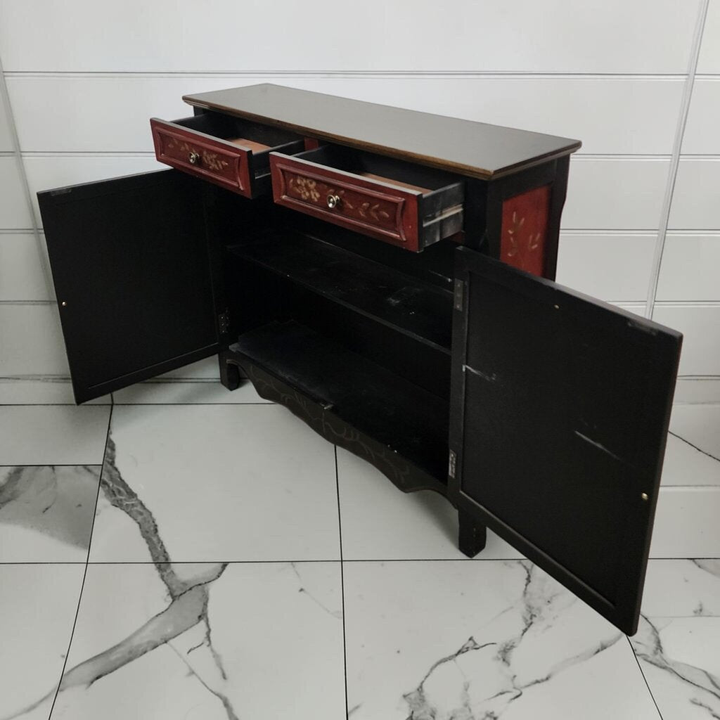 8112 Hand Painted Chinoiserie Style Red and Black Accent #Table Cabinet
