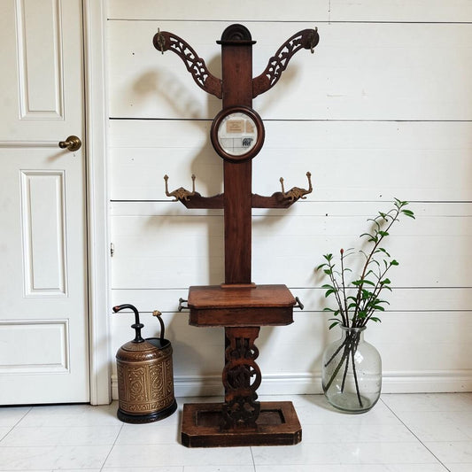 8197 Victorian Walnut Fretwork Hall #Tree with Circular Mirror