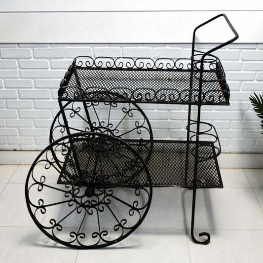 8207 Vintage Black Wrought Iron Rolling Garden Tea #Cart
