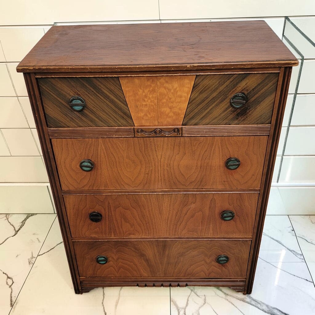 8063 Vintage Art Deco 4 Drawer Chest with Geometric Veneer
