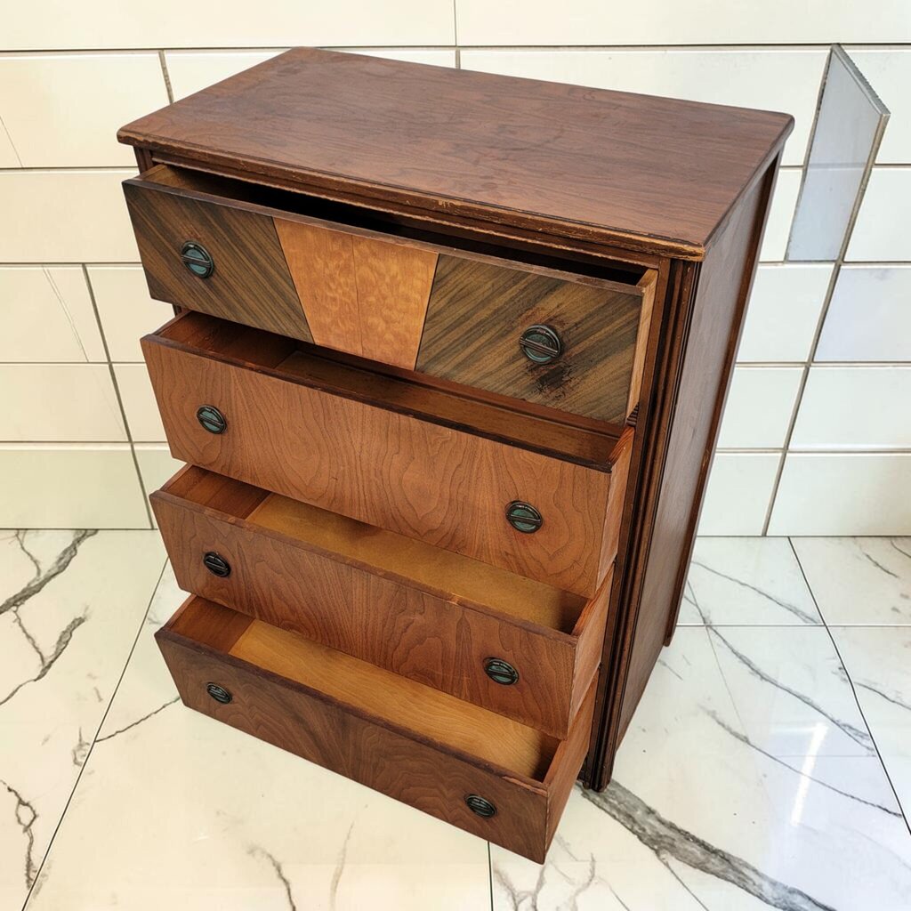 8063 Vintage Art Deco 4 Drawer Chest with Geometric Veneer