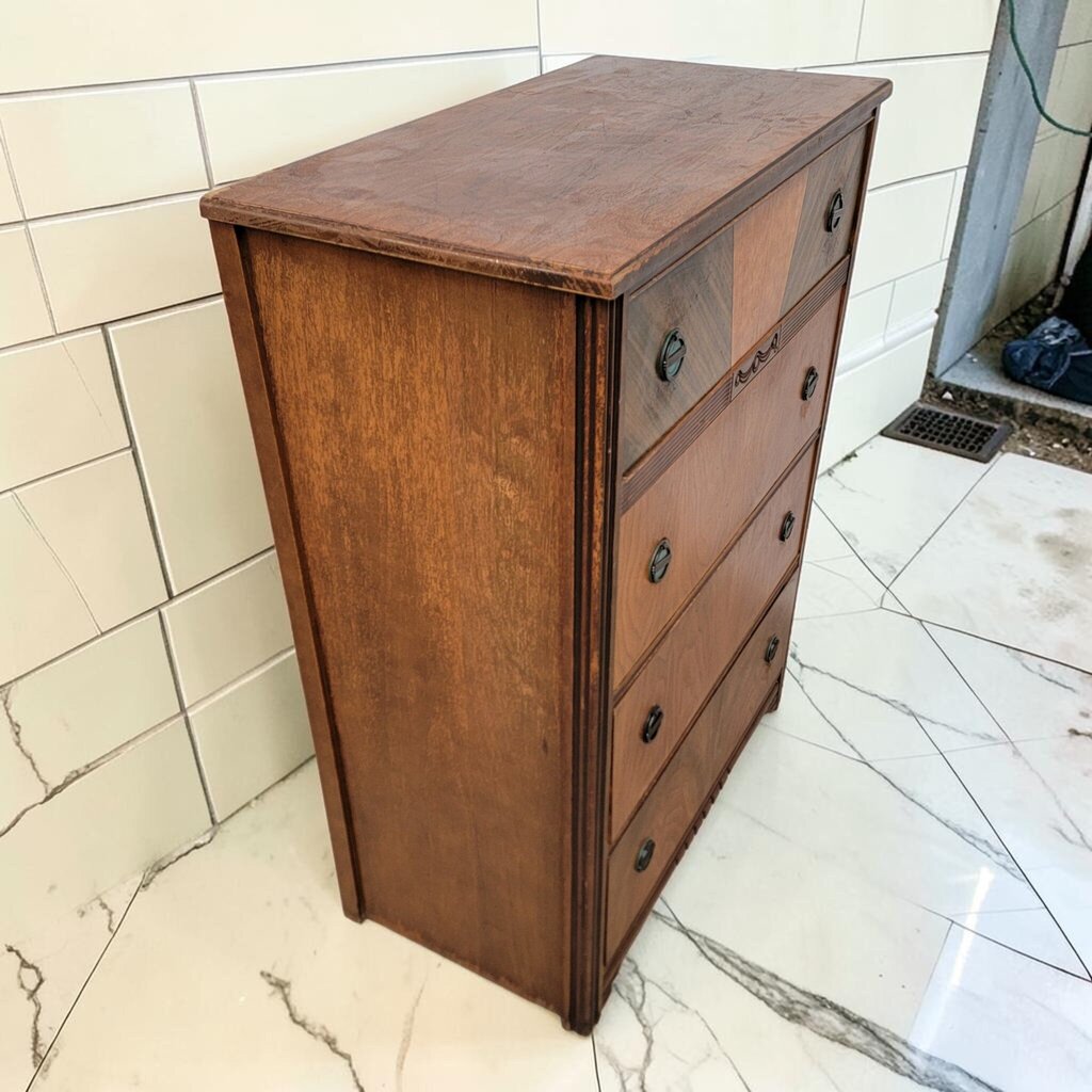 8063 Vintage Art Deco 4 Drawer Chest with Geometric Veneer