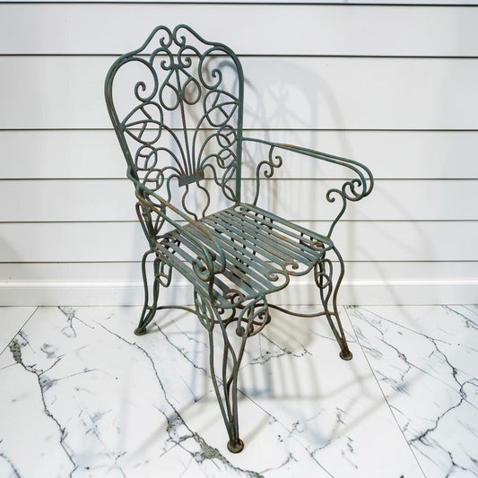 8211 Vintage Teal Wrought Iron Garden #Armchair with Scrolled Backrest Used ~ FURNITURE