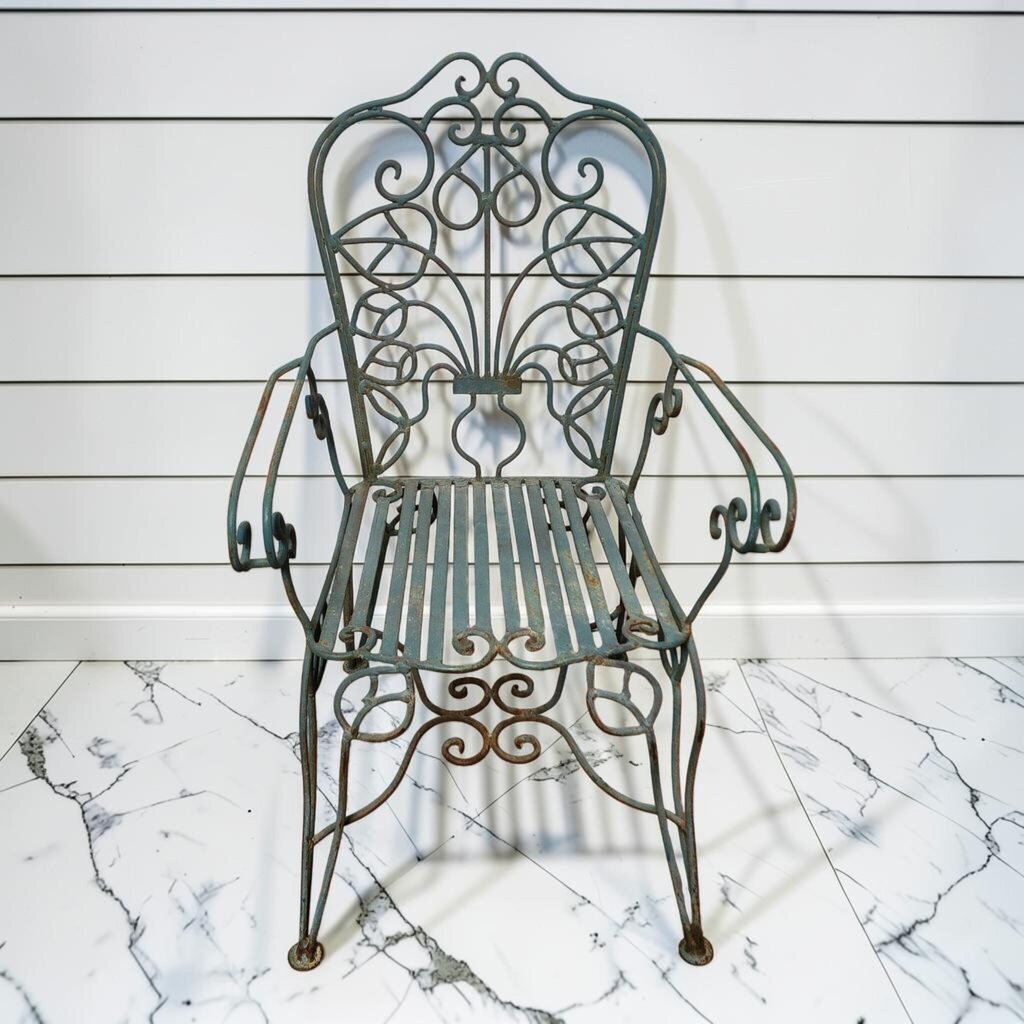8211 Vintage Teal Wrought Iron Garden #Armchair with Scrolled Backrest