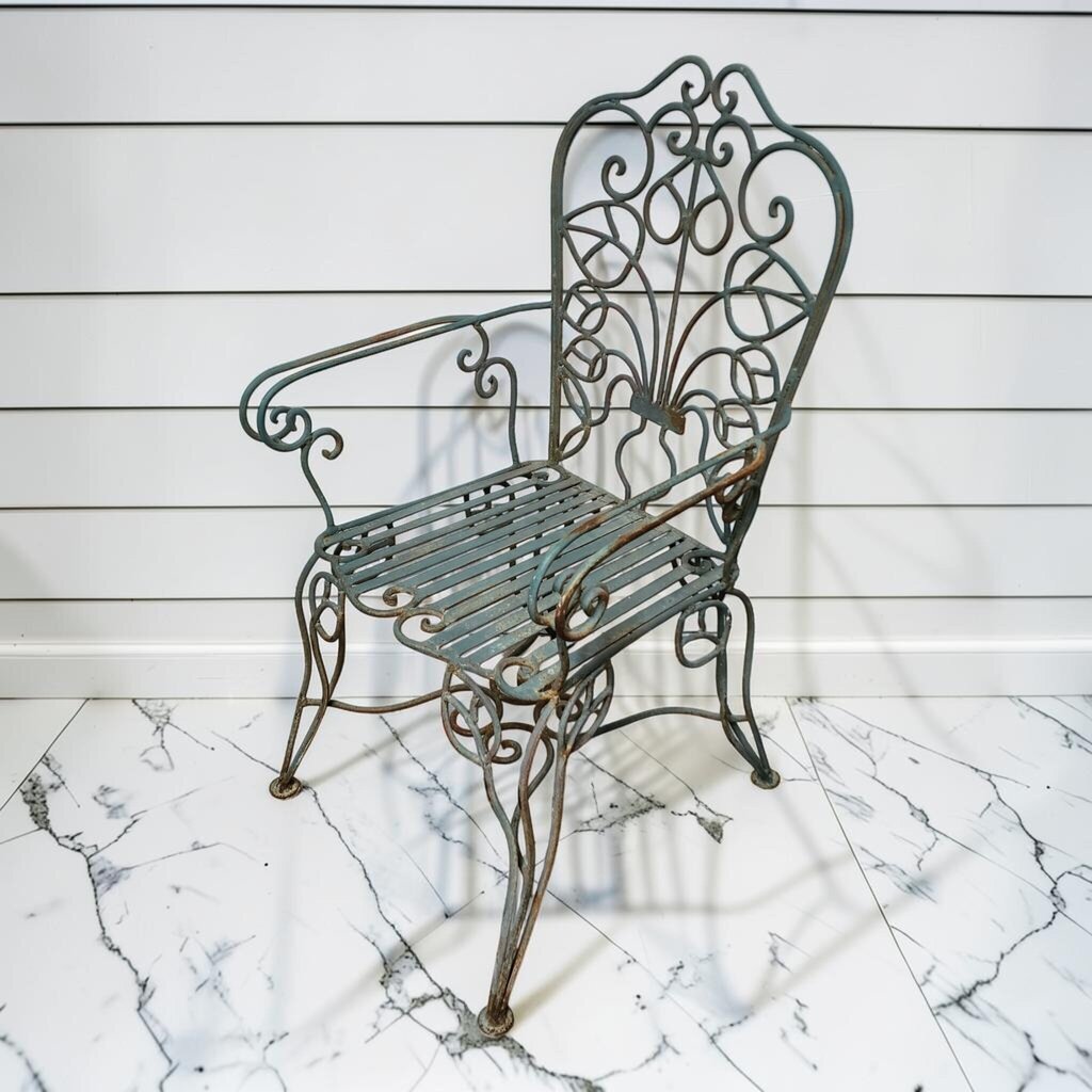 8211 Vintage Teal Wrought Iron Garden #Armchair with Scrolled Backrest