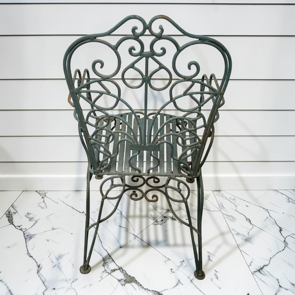 8211 Vintage Teal Wrought Iron Garden #Armchair with Scrolled Backrest