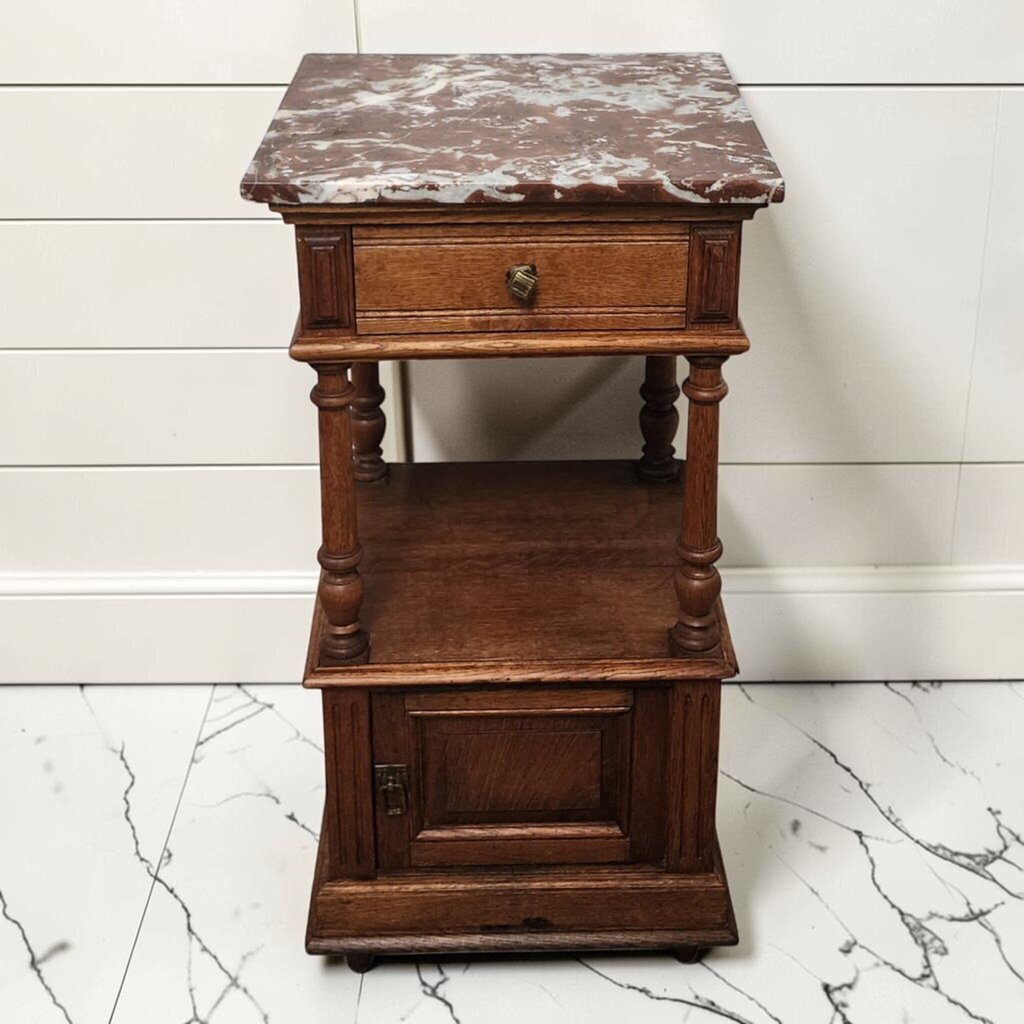 8215 Antique French Henri II Style Oak Nightstand with Rouge Marble Top