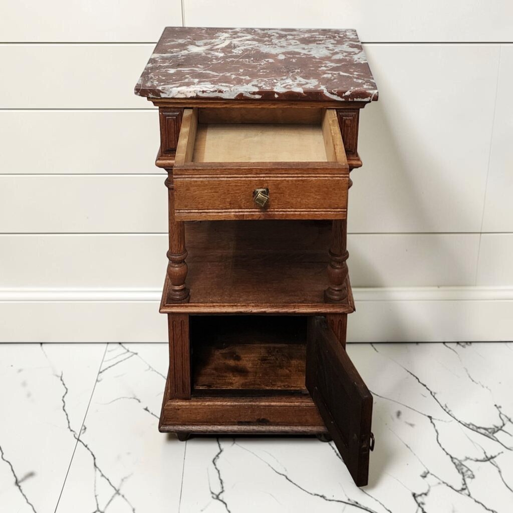 8215 Antique French Henri II Style Oak Nightstand with Rouge Marble Top