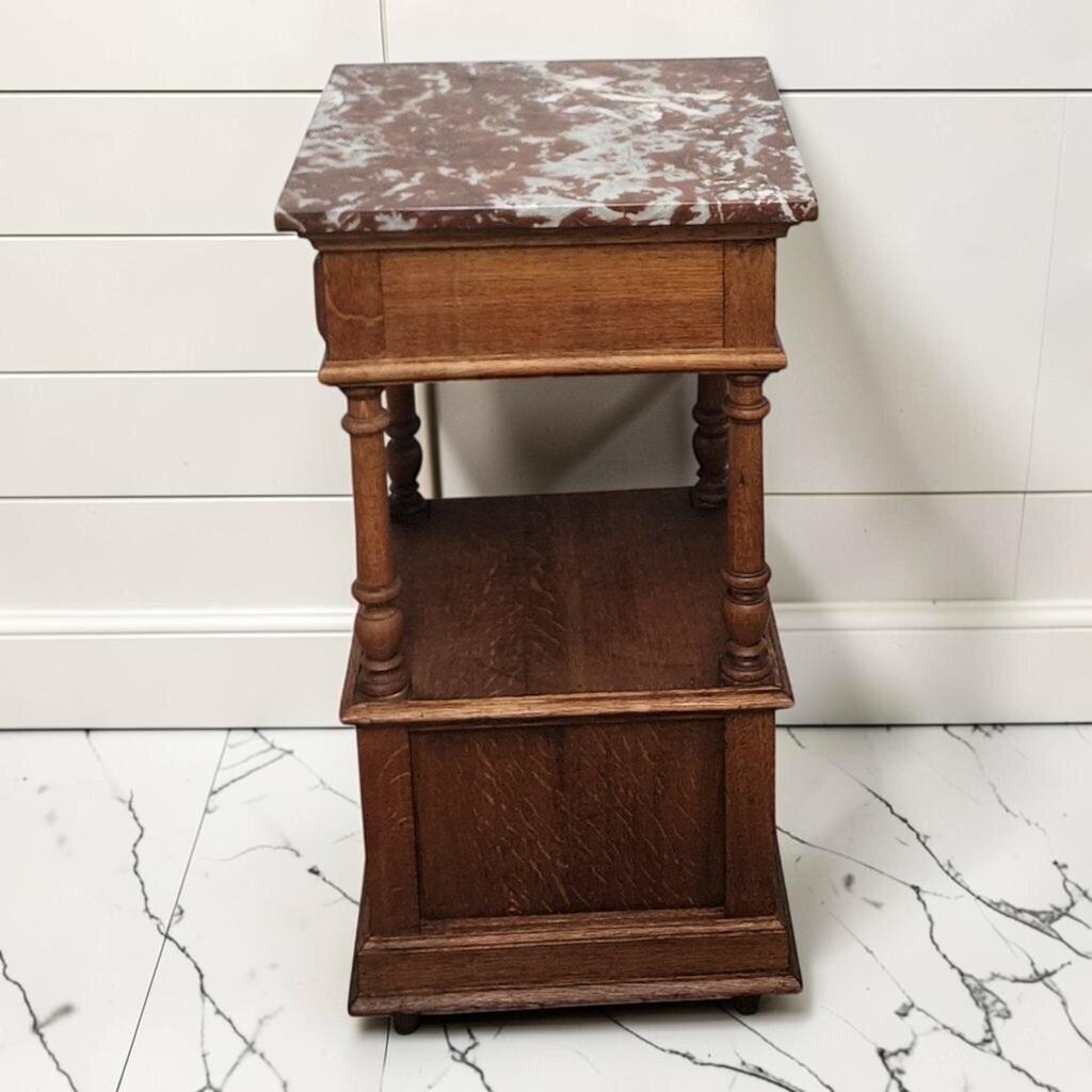 8215 Antique French Henri II Style Oak Nightstand with Rouge Marble Top
