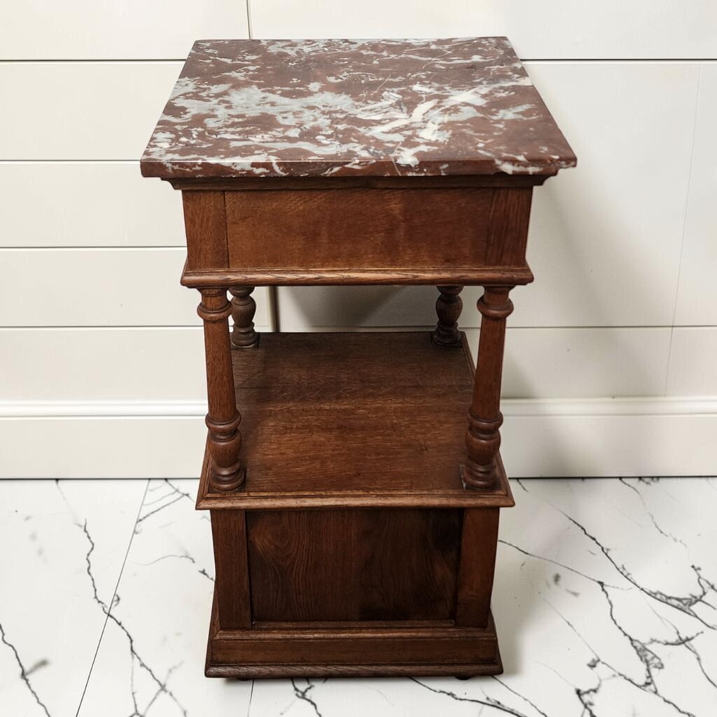 8215 Antique French Henri II Style Oak Nightstand with Rouge Marble Top
