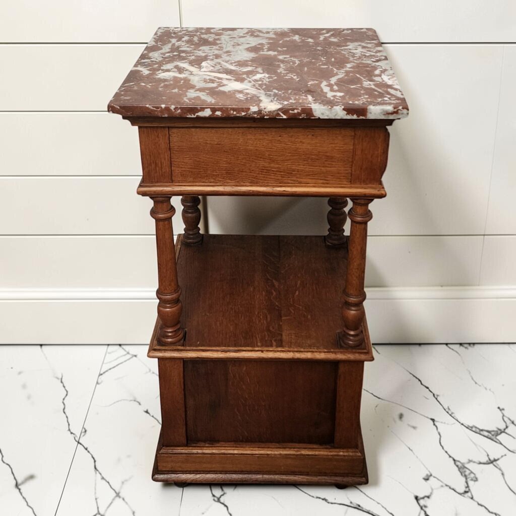 8215 Antique French Henri II Style Oak Nightstand with Rouge Marble Top