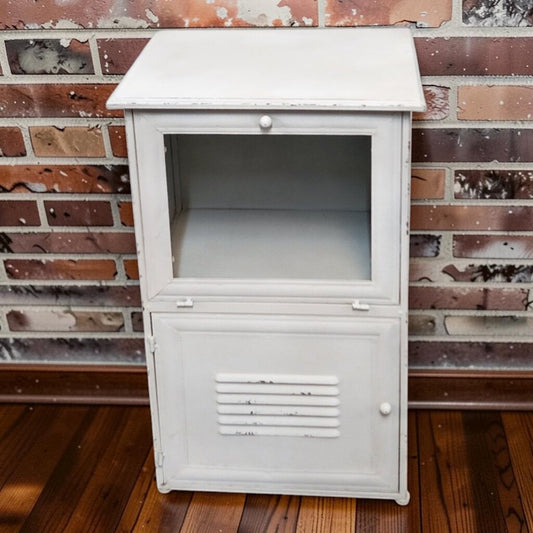 8235 Distressed White Metal Two-Tier Cabinet with Louvered Door