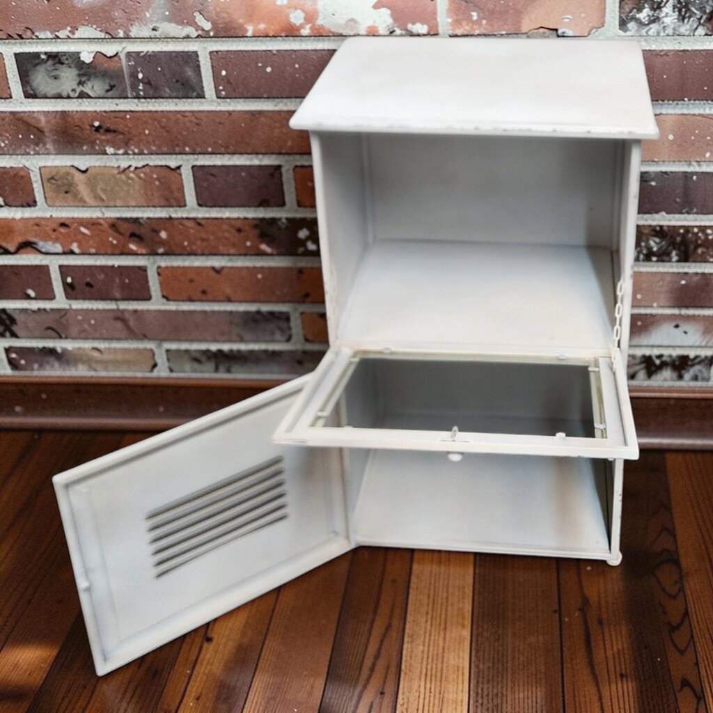 8235 Distressed White Metal Two-Tier Cabinet with Louvered Door