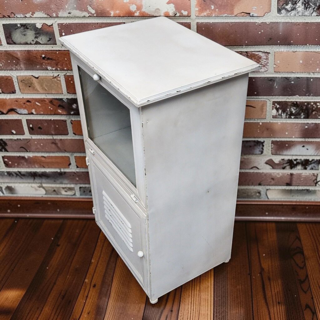 8235 Distressed White Metal Two-Tier Cabinet with Louvered Door