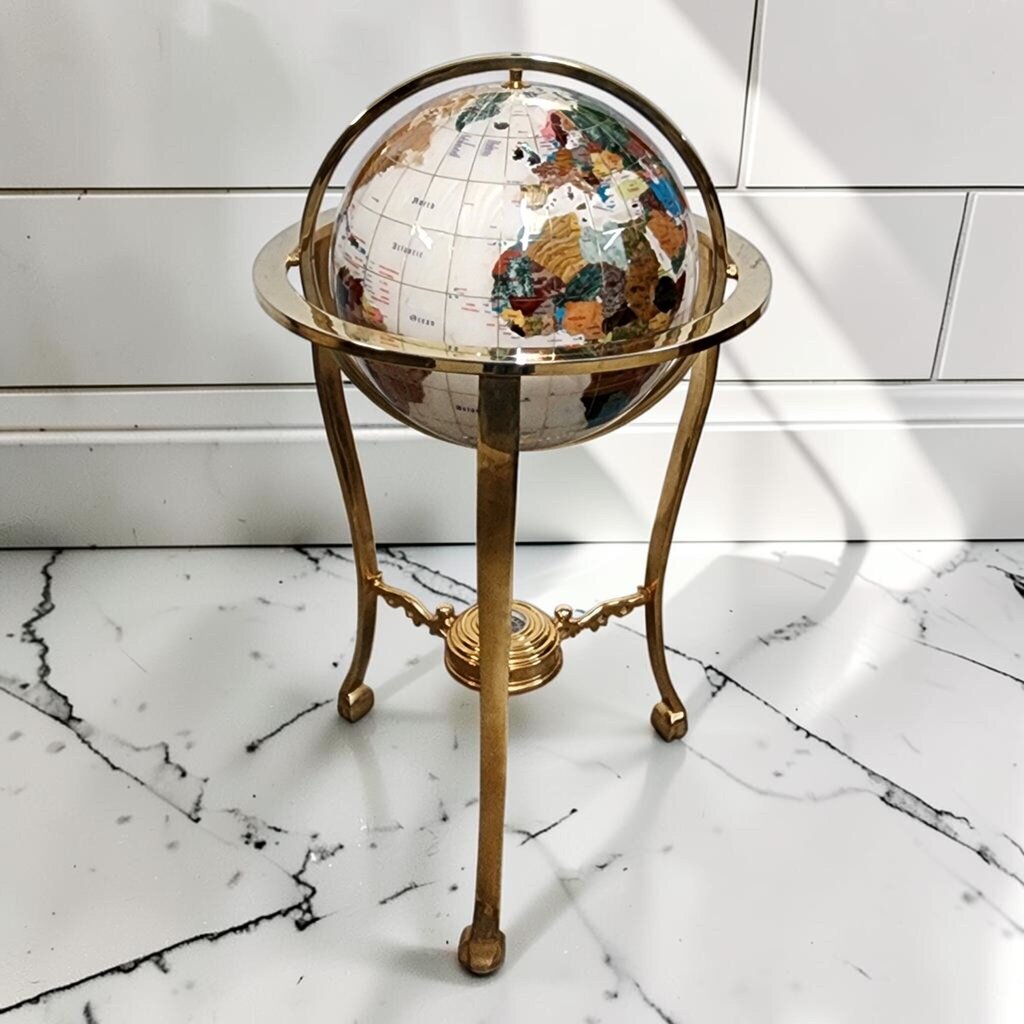 8252 Handcrafted Gemstone Inlay Floor #Globe with Gold Toned Tripod Stand