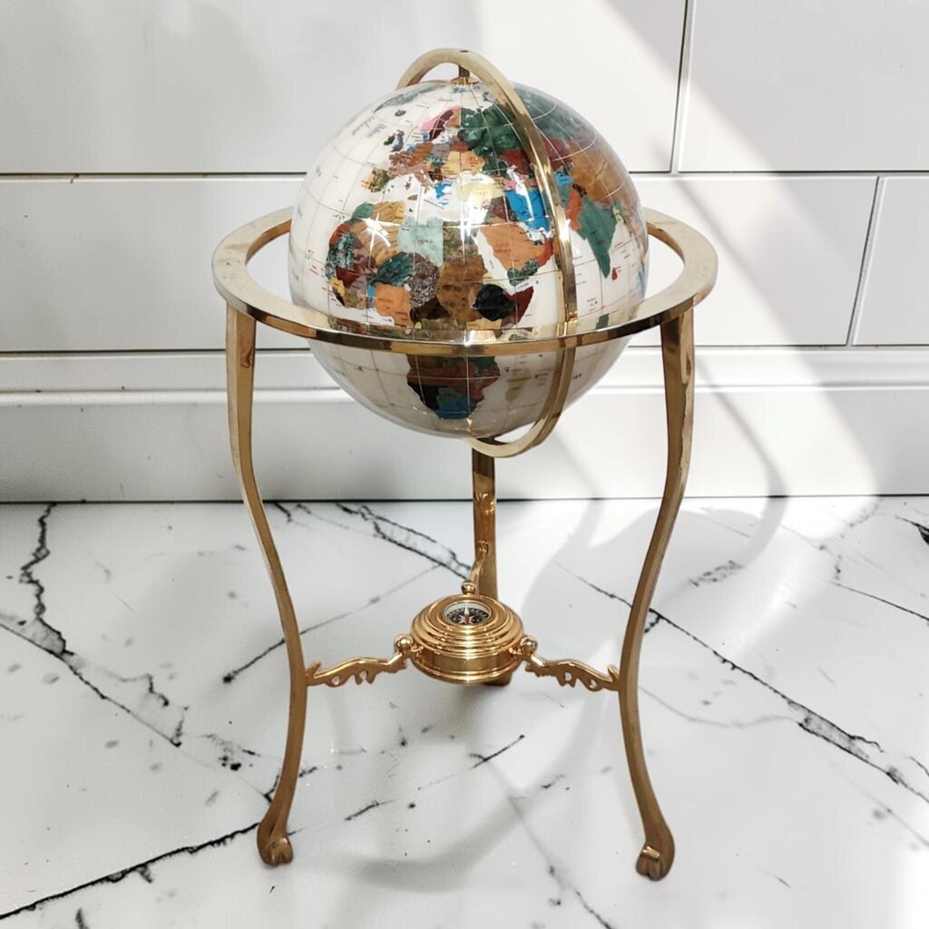 8252 Handcrafted Gemstone Inlay Floor #Globe with Gold Toned Tripod Stand