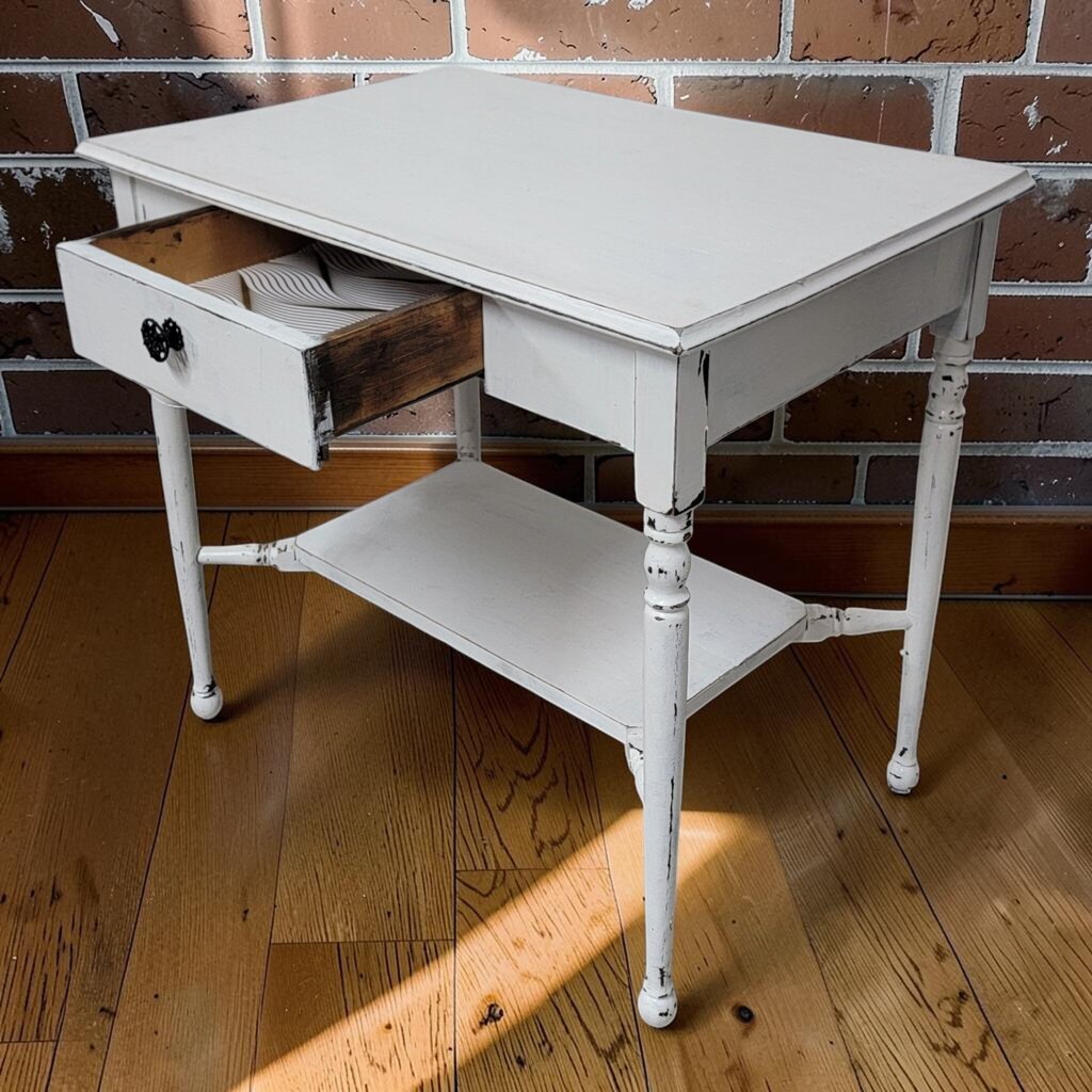 8268 Distressed White Painted Accent #Table with Drawer and Shelf
