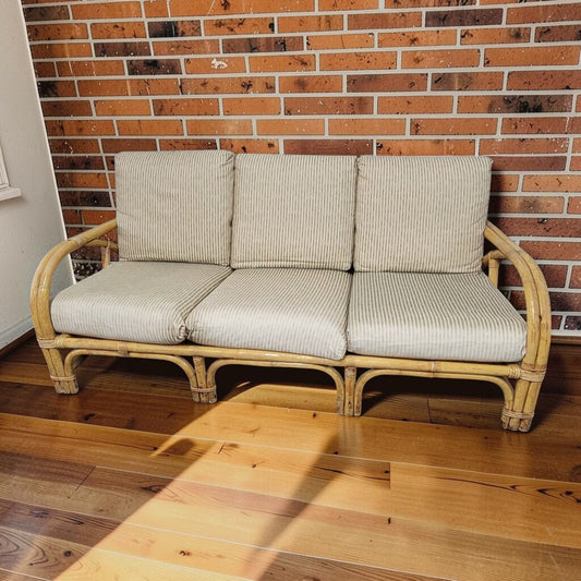 8273 Vintage Three-Seat Rattan #Sofa with Striped Ticking Cushions Used ~ FURNITURE