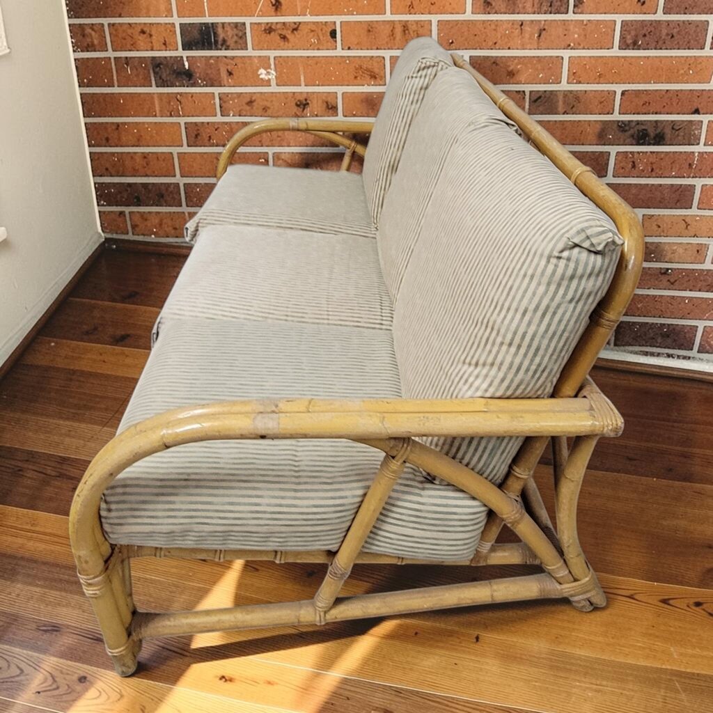 8273 Vintage Three-Seat Rattan #Sofa with Striped Ticking Cushions