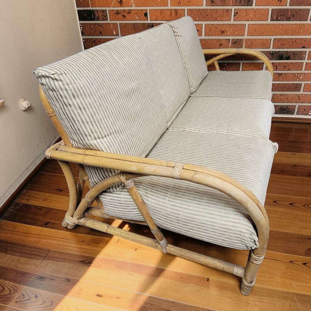 8273 Vintage Three-Seat Rattan #Sofa with Striped Ticking Cushions
