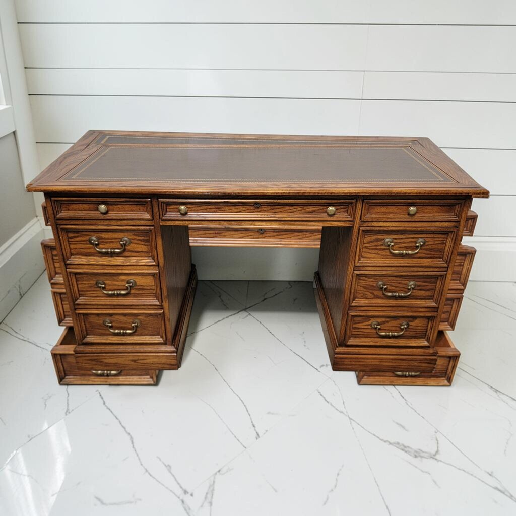 8296 Vintage Oak Double Pedestal Partner's #Desk with Tooled Leather Top