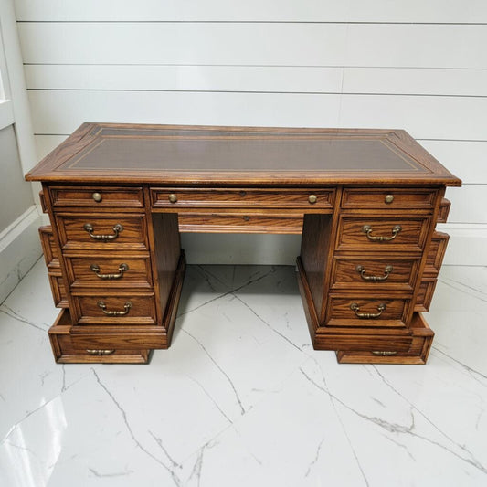 8296 Vintage Oak Double Pedestal Partner's #Desk with Tooled Leather Top Used ~ FURNITURE