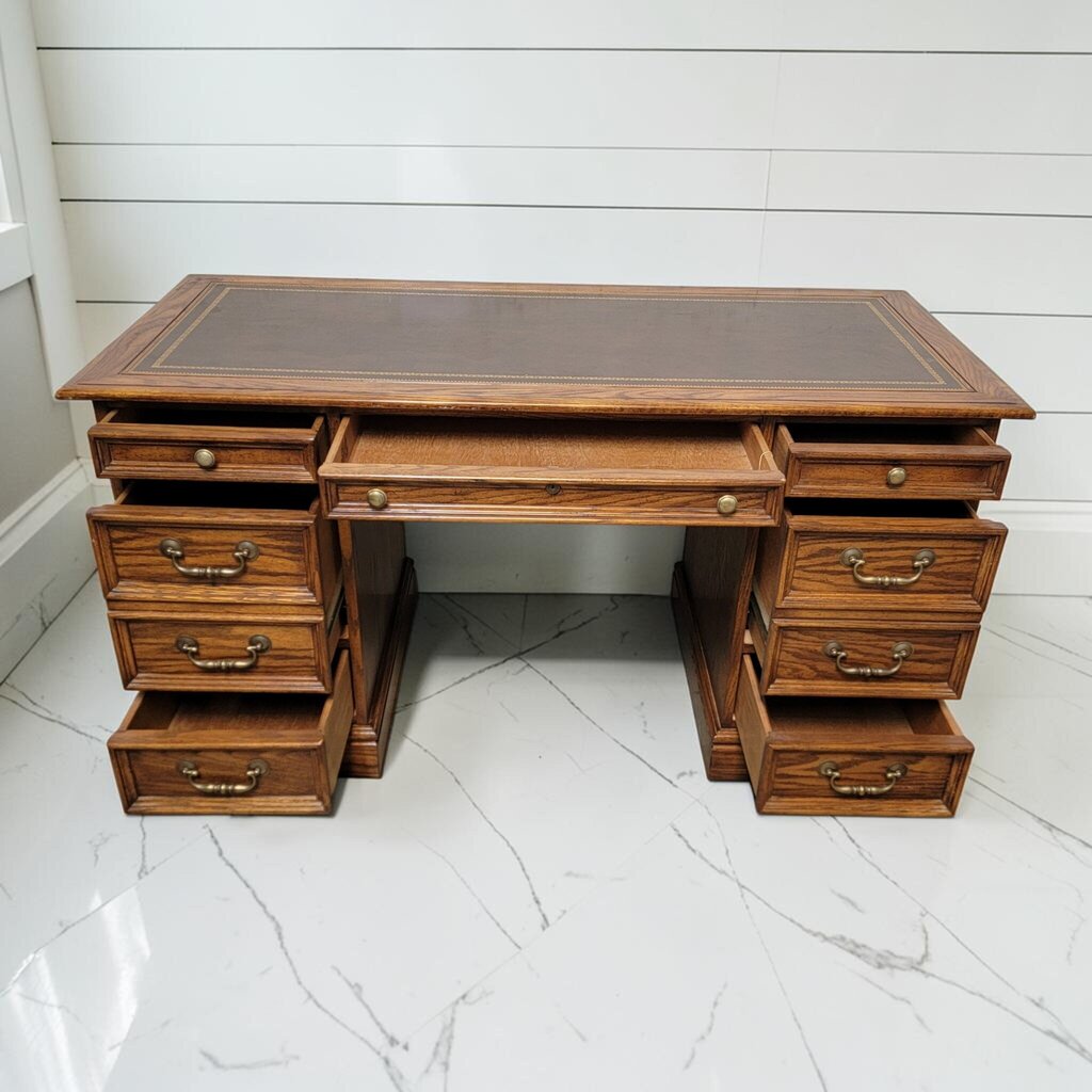 8296 Vintage Oak Double Pedestal Partner's #Desk with Tooled Leather Top