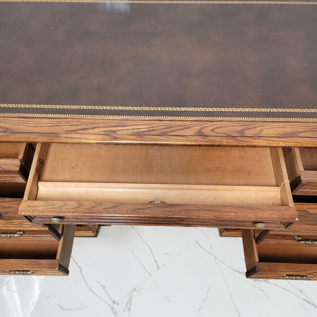 8296 Vintage Oak Double Pedestal Partner's #Desk with Tooled Leather Top