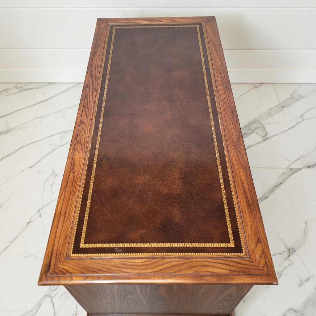 8296 Vintage Oak Double Pedestal Partner's #Desk with Tooled Leather Top