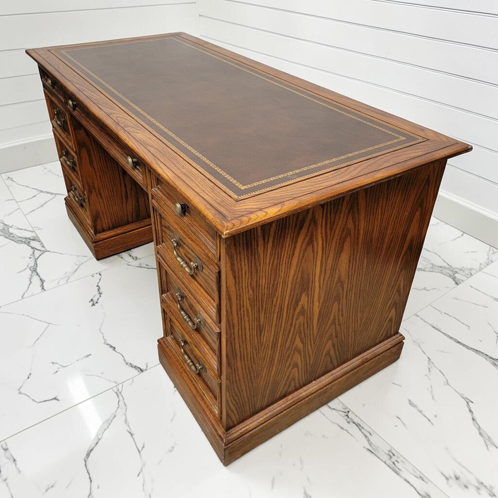 8296 Vintage Oak Double Pedestal Partner's #Desk with Tooled Leather Top