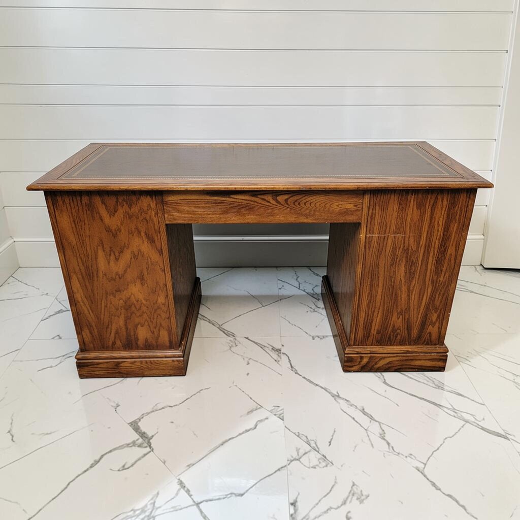 8296 Vintage Oak Double Pedestal Partner's #Desk with Tooled Leather Top