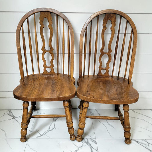 8297-8299 Vintage Oak Bow Back Side Chair with Decorative Pierced Splat Used * 2 - Dealer Shared