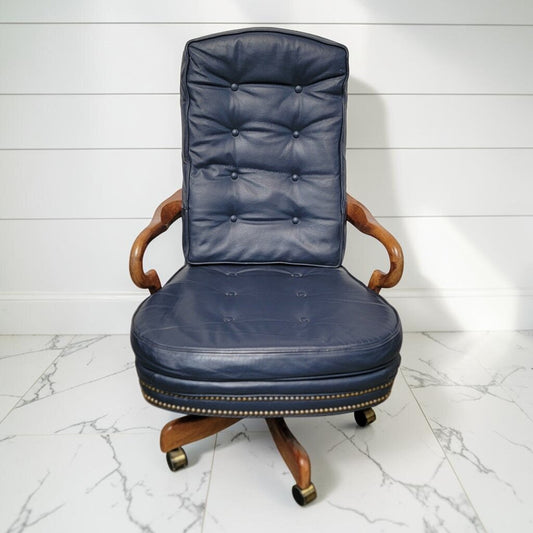 8302 Vintage Navy Leather Button Tufted Executive Swivel Office #Chair Used ~ FURNITURE